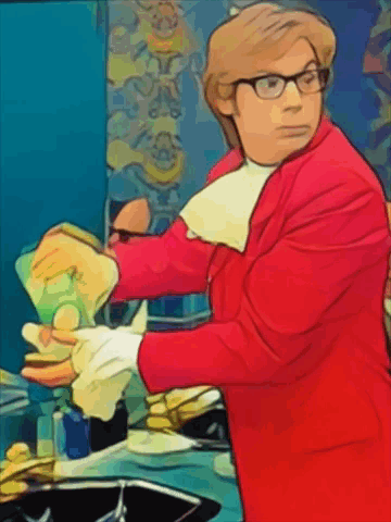 Cartoon Man in Red Jacket White Gloves