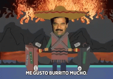 Cartoon Man in Sombrero Saying me gusto burrito mucho
