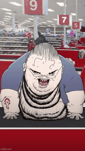 Cartoon Man in Store With Number 9