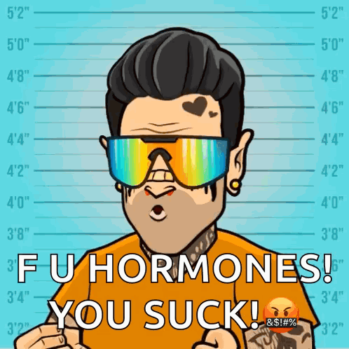 Cartoon Man In Sunglasses Saying Fu Hormones You Suck GIF