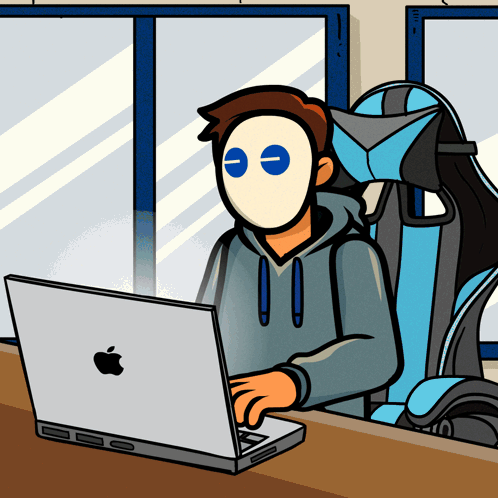 Cartoon Man in White Mask Using Apple Laptop