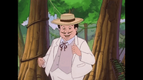 Cartoon Man in White Suit and Hat in Woods