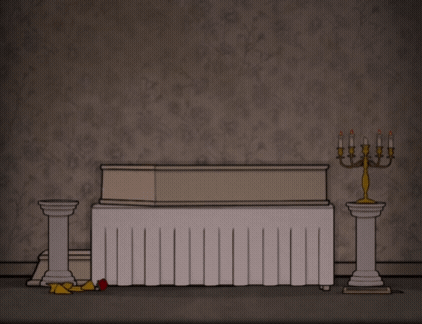 Cartoon Man Kneeling at Coffin and Candles