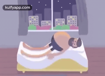 Cartoon Man Laying on Bed by Window with Buildings