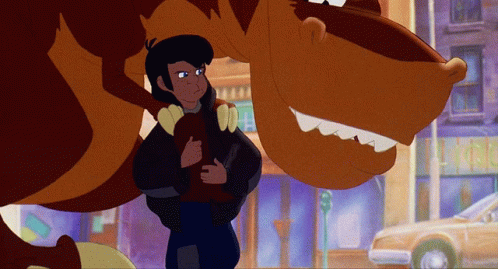 Cartoon Man Next To Brown Dinosaur GIF