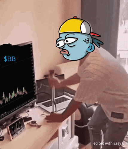 Cartoon Man Sitting at Desk With $BB Sign on Computer Screen