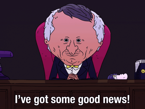 Cartoon Man Sitting at Desk With I've Got Some Good News
