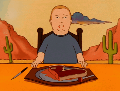 Cartoon Man Sitting at Table with Meat