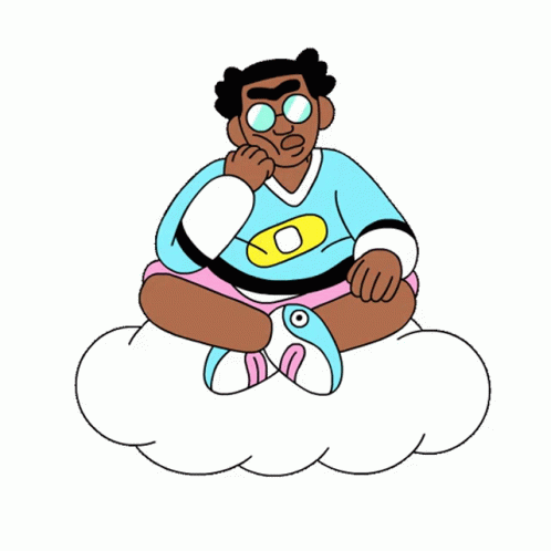 Cartoon Man Sitting on Cloud With Hand on Chin