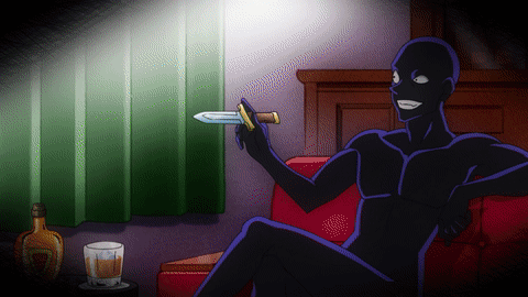 Cartoon Man Sitting on Couch with Knife