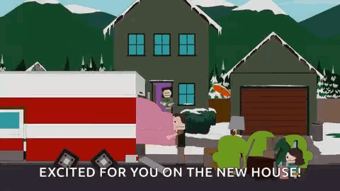 Cartoon Man Standing In Front Of House With Mountains GIF