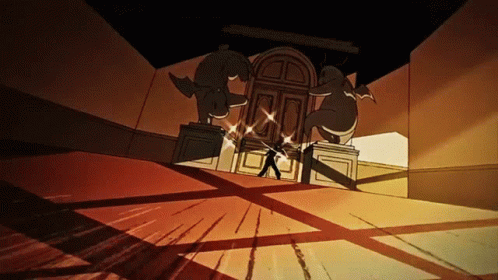 Cartoon Man Standing in Front of Large Door