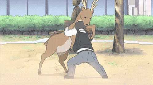 Cartoon Man Standing Next to Deer