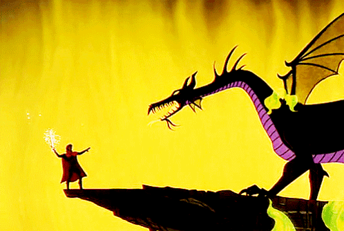 Cartoon Man Standing on Cliff With Dragon