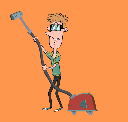 Cartoon Man Using Vacuum Cleaner Orange Background