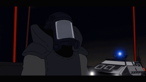 Cartoon Man Wearing Gas Mask With Number 72 on Back