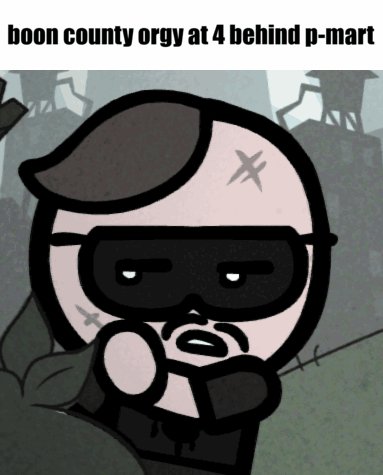 Cartoon Man Wearing Mask Boon County Orgy at 4 Behind P-Mart