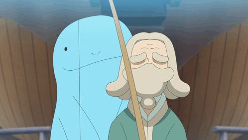 Cartoon Man With Beard and Blue Whale Behind Him