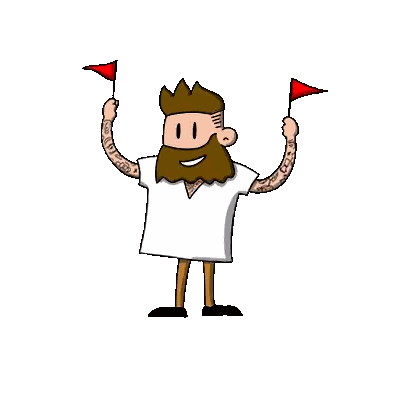 Cartoon Man with Beard Holding Red Flags
