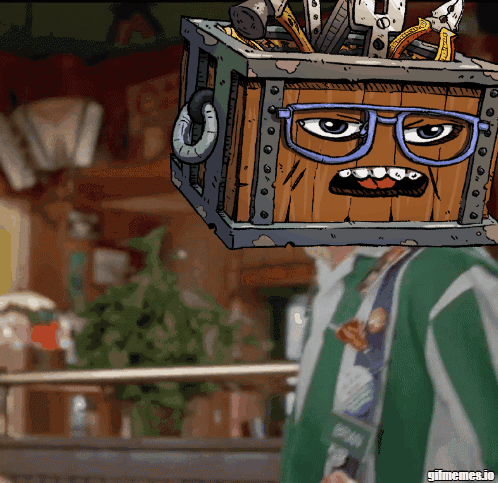 Cartoon Man With Box on Head Containing Tools