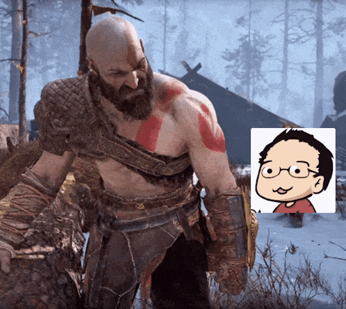 Cartoon Man with Glasses and Beard Next to Bald Man