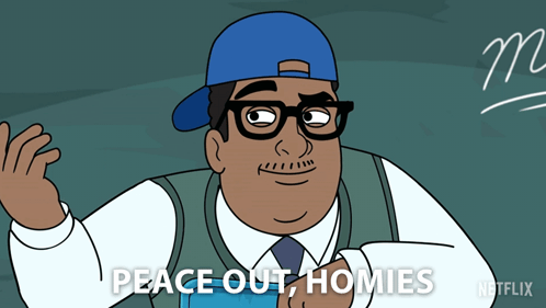 Cartoon Man With Glasses and Blue Hat Saying Peace Out Homies