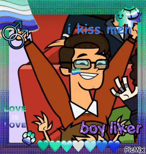 Cartoon Man With Glasses and Rainbow Flag Saying I Kiss Men Boy Liker