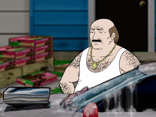 Cartoon Man With Mustache and Necklace Washing Car