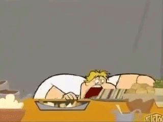 Cartoon Man With Mustache Holding Food at Table