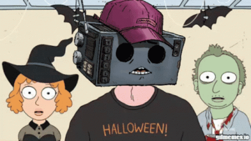 Cartoon Man With Radio on Head Saying Halloween