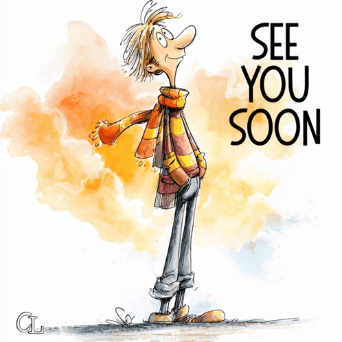 Cartoon Man With Scarf Saying See You Soon