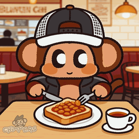 Cartoon Monkey Eating Beans On Toast With Coffee GIF