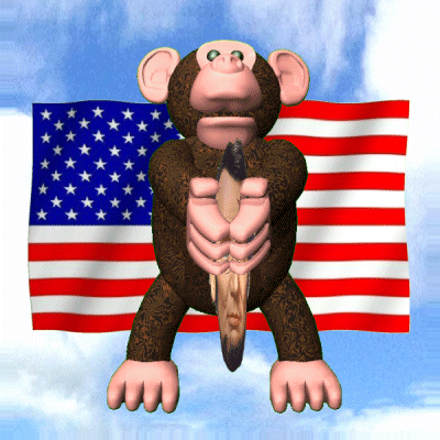 Cartoon Monkey Holding Feather in Front of Flag