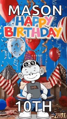 Cartoon Monkey in Front of Cake and Balloons