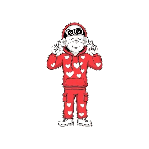 Cartoon Monkey in Red Hoodie With Hearts Giving Peace Sign