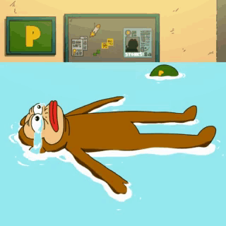 Cartoon Monkey Laying In Water With Sign Saying P GIF