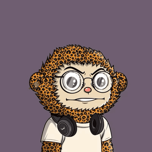 Cartoon Monkey With Headphones and Leopard Print Hat