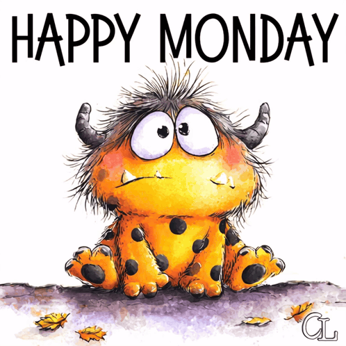 Cartoon Monster With Horns Sits on Branch Saying Happy Monday
