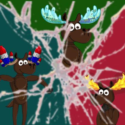 Cartoon Moose With Rocket Antlers Surrounded by Moose