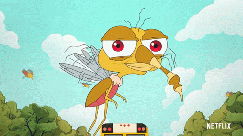 Cartoon Mosquito Sitting on School Bus with Netflix