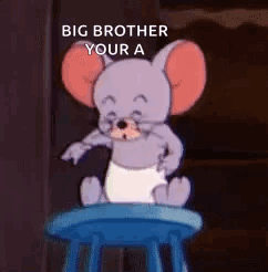 Cartoon Mouse in Diaper on Blue Stool Saying Big Brother Your A