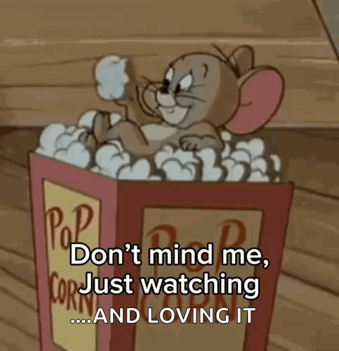 Cartoon Mouse in Popcorn Box Saying Don't Mind Me Just Watching and Loving It