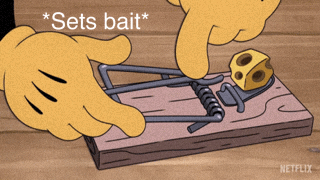 Cartoon Mouse Putting Cheese in Mousetrap