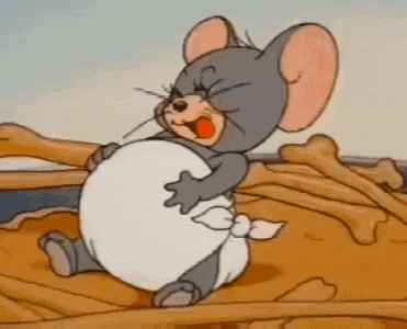 Cartoon Mouse Sitting on Bones Holding Belly