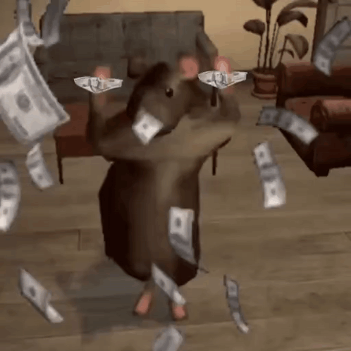 Cartoon Mouse Standing In Falling Money GIF