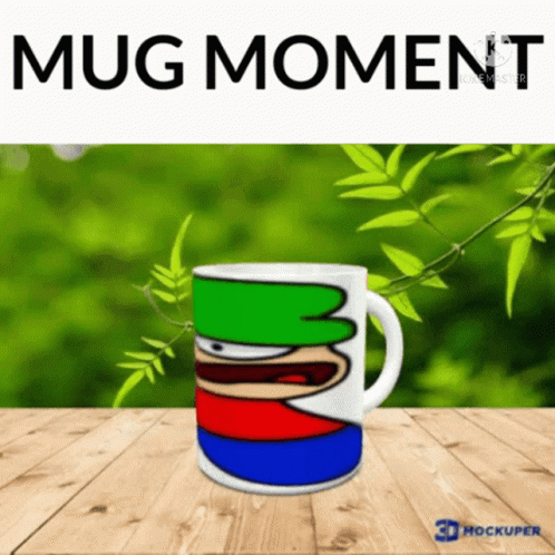 Cartoon Mug on Wooden Table Says Mug Moment