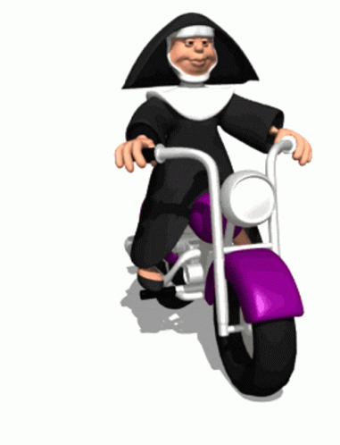 Cartoon Nun Riding Motorcycle With Purple Fender