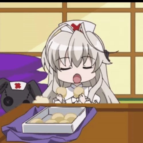 Cartoon Nurse Sitting At Table With Doughnuts GIF