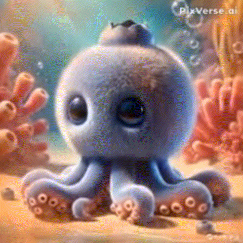 Cartoon Octopus Swimming in Ocean Surrounded by Coral