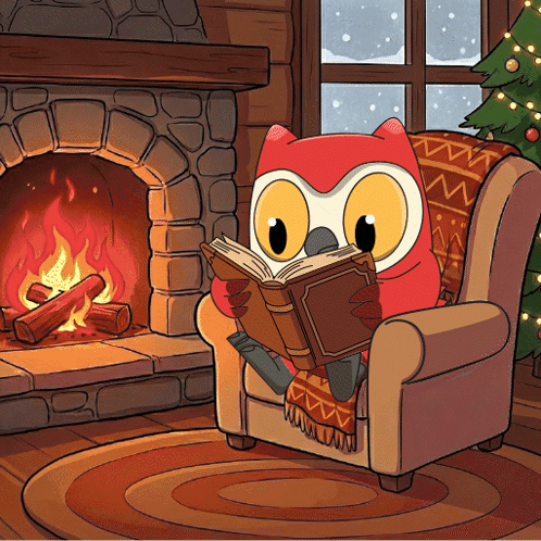 Cartoon Owl Reading Book by Fireplace